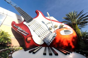 ROCK ON!:  A 40-foot-tall electric guitar and giant keyboard adorn the exterior of the "Rock 'n' Roller Coaster Starring Aerosmith."  The thrill attraction is an indoor roller coaster at Disney's Hollywood Studios theme park at Walt Disney World Resort in Lake Buena Vista, Fla.  Inside, riders board a limousine-themed roller coaster car and are launched from 0-60 mph in 2.8 seconds -- all while listening to a custom-recorded soundtrack by the legendary rock group Aerosmith. (Gene Duncan, photographer)
